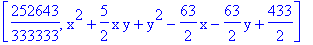 [252643/333333, x^2+5/2*x*y+y^2-63/2*x-63/2*y+433/2]